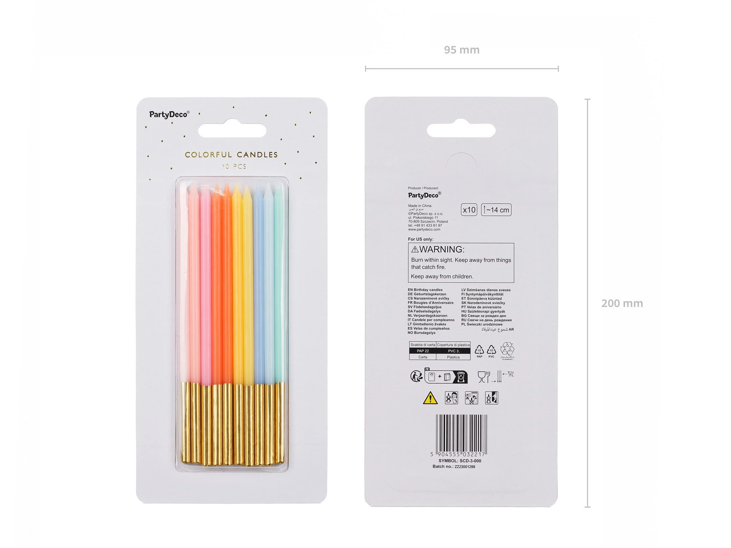 PARTYDECO Geburtstagskerzen – 14 cm, 10er Set, Farbmix Pastell/Gold